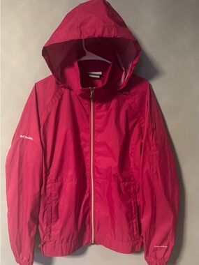 Columbia Women’s Pink Hooded Rain Jacket Long Sleeve Full Zipper Size XL